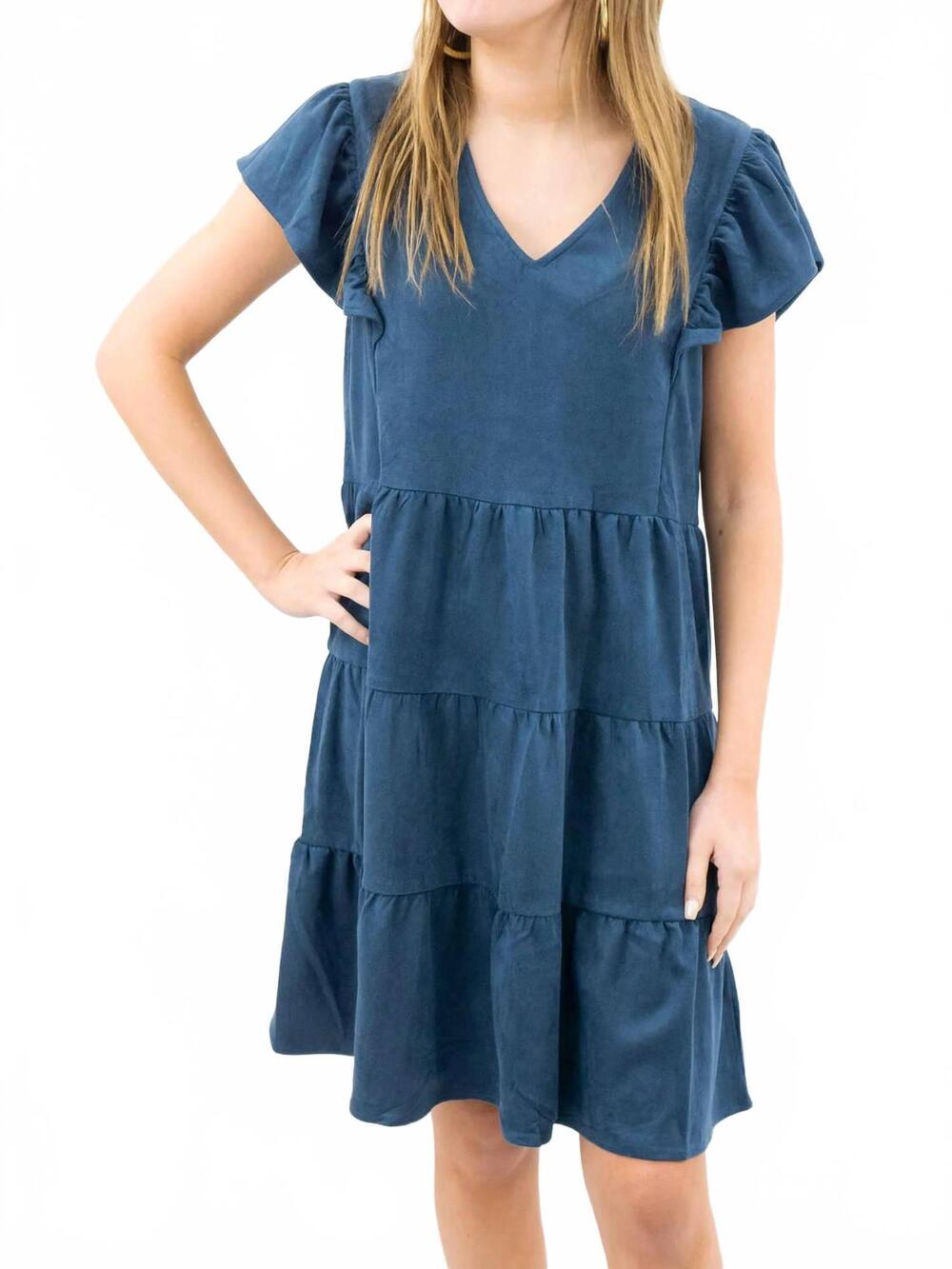NEW VOY women's faux suede ruffle sleeve dress in navy
